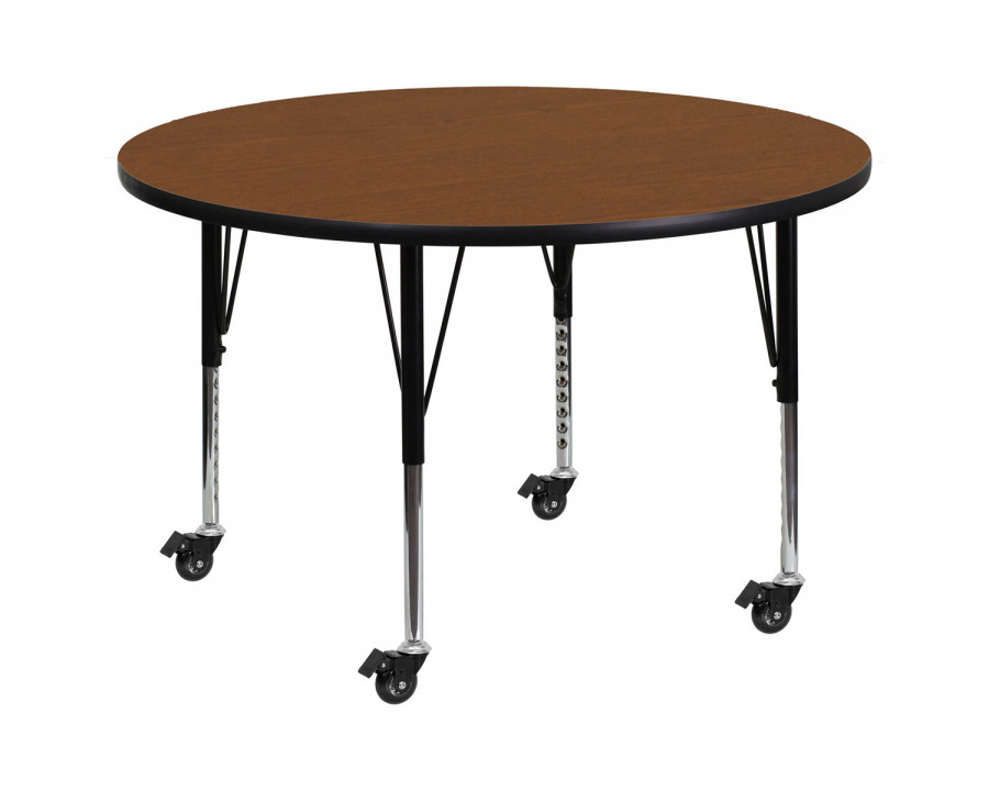 BLNK Wren Mobile Round HP Laminate Activity Table - Oak, 42"D, with Short Height Adjustable Legs