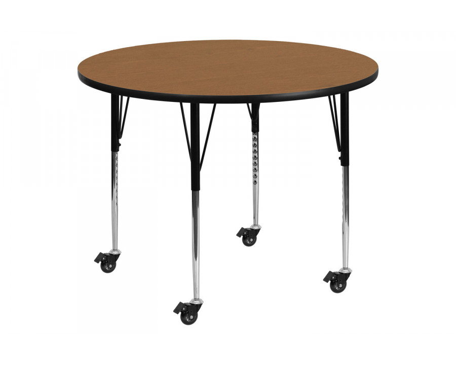 BLNK Wren Mobile Round Thermal Laminate Activity Table - Oak, 42"D, with Standard Height Adjustable Legs