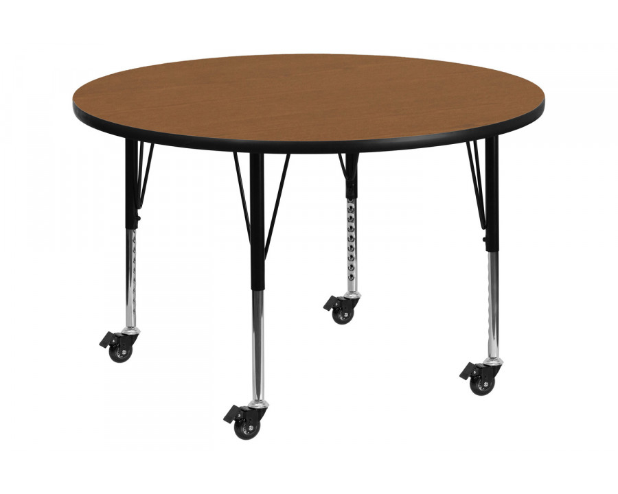 BLNK Wren Mobile Round Thermal Laminate Activity Table - Oak, 42"D, with Short Height Adjustable Legs