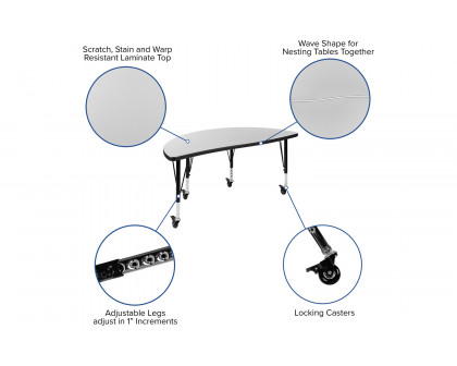 BLNK Wren Mobile Half Circle Thermal Laminate Wave Flexible Collaborative Activity Table - Gray, 47.5"D, with Short Height Adjustable Legs