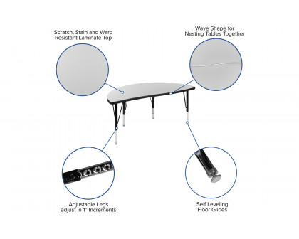 BLNK Wren Half Circle Thermal Laminate Wave Flexible Collaborative Activity Table - Gray, 47.5"D, with Short Height Adjustable Legs