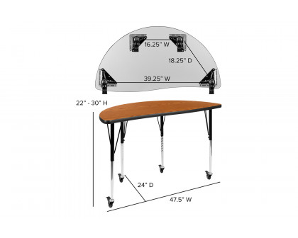 BLNK Wren Mobile Half Circle Thermal Laminate Wave Flexible Collaborative Activity Table - Oak, 47.5"D, with Standard Height Adjustable Legs