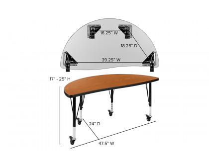 BLNK Wren Mobile Half Circle Thermal Laminate Wave Flexible Collaborative Activity Table - Oak, 47.5"D, with Short Height Adjustable Legs