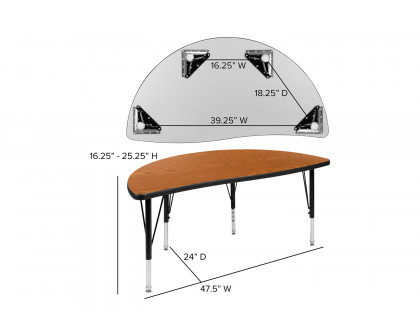 BLNK Wren Half Circle Thermal Laminate Wave Flexible Collaborative Activity Table - Oak, 47.5"D, with Short Height Adjustable Legs