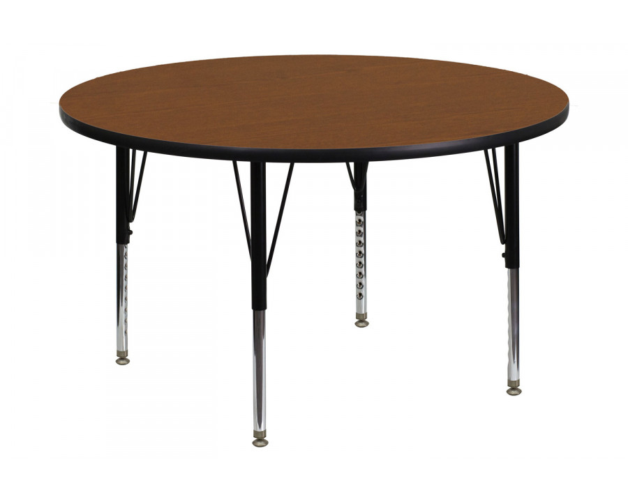 BLNK Wren Round HP Laminate Activity Table - Oak, 48"D, with Short Height Adjustable Legs