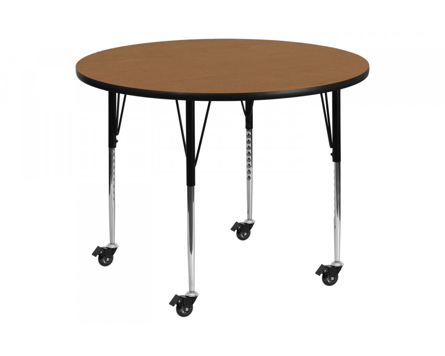 BLNK Wren Mobile Round Thermal Laminate Activity Table - Oak, 48"D, with Standard Height Adjustable Legs