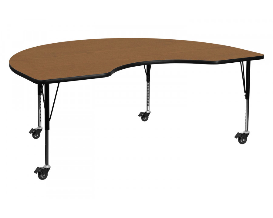 BLNK Wren Mobile Kidney Thermal Laminate Activity Table - Oak, 48"W x 72"L, with Short Height Adjustable Legs