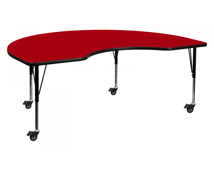 BLNK Wren Mobile Kidney Thermal Laminate Activity Table - Red, 48"W x 72"L, with Short Height Adjustable Legs