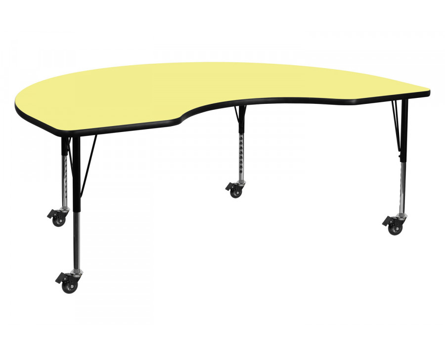 BLNK Wren Mobile Kidney Thermal Laminate Activity Table - Yellow, 48"W x 72"L, with Short Height Adjustable Legs