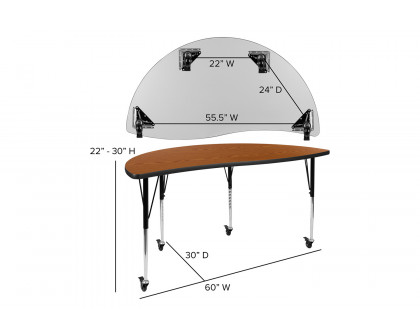 BLNK Wren Mobile Half Circle Thermal Laminate Wave Flexible Collaborative Activity Table - Oak, 60"D, with Standard Height Adjustable Legs