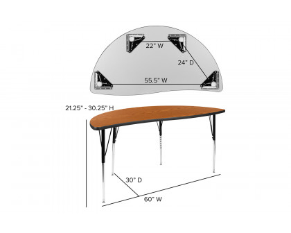 BLNK Wren Half Circle Thermal Laminate Wave Flexible Collaborative Activity Table - Oak, 60"D, with Standard Height Adjustable Legs