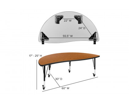 BLNK Wren Mobile Half Circle Thermal Laminate Wave Flexible Collaborative Activity Table - Oak, 60"D, with Short Height Adjustable Legs