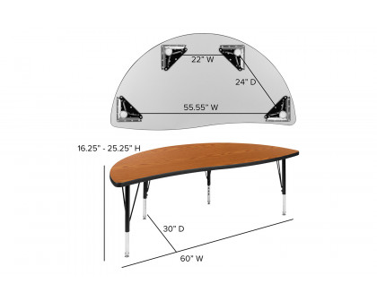 BLNK Wren Half Circle Thermal Laminate Wave Flexible Collaborative Activity Table - Oak, 60"D, with Short Height Adjustable Legs