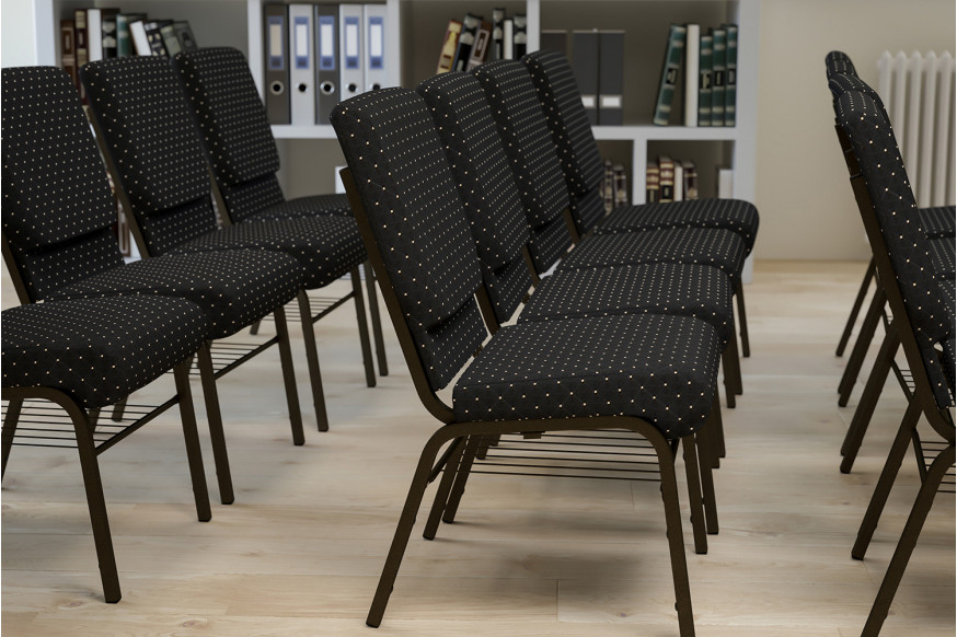 BLNK™ HERCULES Series Fabric Church Chair with Book Rack and Gold Vein Frame - Black Dot Patterned