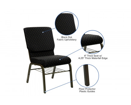 BLNK™ HERCULES Series Fabric Church Chair with Book Rack and Gold Vein Frame - Black Dot Patterned