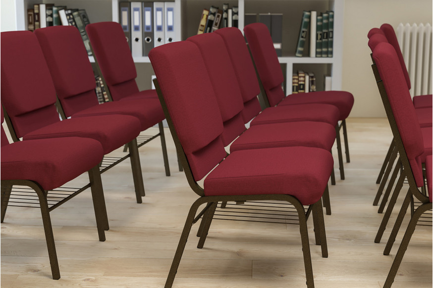 BLNK™ HERCULES Series Fabric Church Chair with Book Rack and Gold Vein Frame - Burgundy