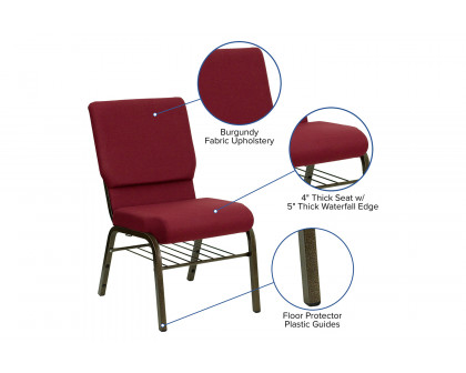 BLNK™ HERCULES Series Fabric Church Chair with Book Rack and Gold Vein Frame - Burgundy