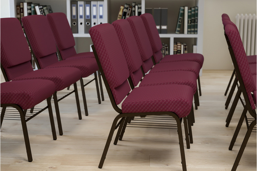 BLNK™ HERCULES Series Fabric Church Chair with Book Rack and Gold Vein Frame - Burgundy Patterned