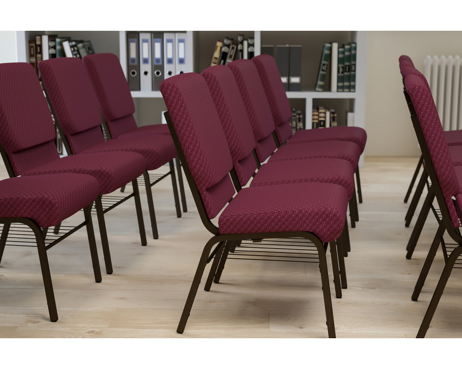 BLNK HERCULES Series Fabric Church Chair with Book Rack and Gold Vein Frame - Burgundy Patterned