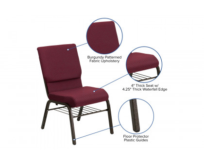 BLNK™ HERCULES Series Fabric Church Chair with Book Rack and Gold Vein Frame - Burgundy Patterned