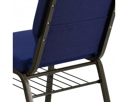 BLNK™ HERCULES Series Fabric Church Chair with Book Rack and Gold Vein Frame - Navy Blue Patterned