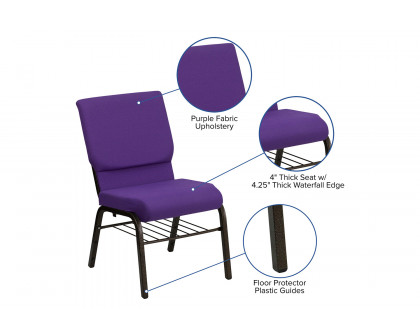 BLNK™ HERCULES Series Fabric Church Chair with Book Rack and Gold Vein Frame - Purple