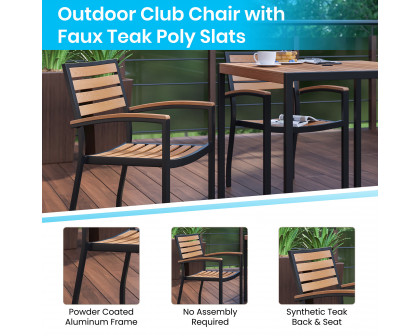 BLNK - Lark Indoor-Outdoor Patio Dining Table Set with 30" Square Faux Teak Table and 2 Stacking Club Chairs with Teak Accented Arms