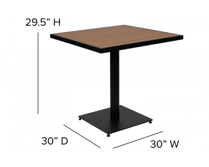 BLNK - Lark Indoor-Outdoor Patio Dining Table Set with 30" Square Faux Teak Table and 2 Stacking Club Chairs with Teak Accented Arms