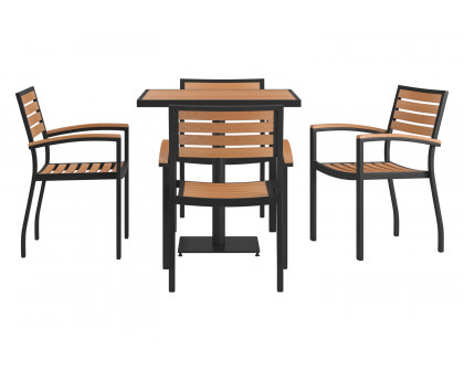 BLNK - Lark Indoor-Outdoor Patio Dining Table Set with 30" Square Faux Teak Table and 4 Stacking Club Chairs with Teak Accented Arms