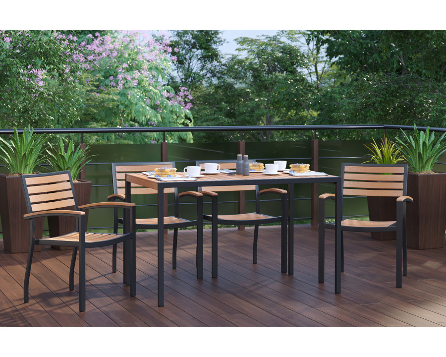 BLNK - Lark Outdoor Dining Table Set with Synthetic Teak Poly Slats, 30" x 48" Steel Framed Table with Umbrella Hole and 4 Club Chairs