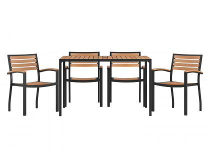 BLNK - Lark Outdoor Dining Table Set with Synthetic Teak Poly Slats, 30" x 48" Steel Framed Table with Umbrella Hole and 4 Club Chairs