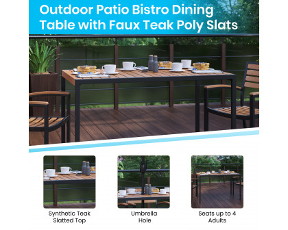 BLNK - Lark Outdoor Dining Table Set with Synthetic Teak Poly Slats, 30" x 48" Steel Framed Table with Umbrella Hole and 4 Club Chairs