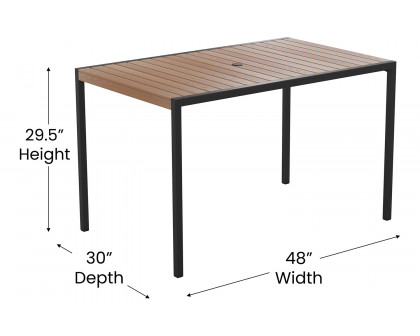 BLNK - Lark Outdoor Dining Table Set with Synthetic Teak Poly Slats, 30" x 48" Steel Framed Table with Umbrella Hole and 4 Club Chairs