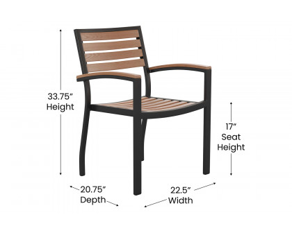 BLNK - Lark Outdoor Dining Table Set with Synthetic Teak Poly Slats, 30" x 48" Steel Framed Table with Umbrella Hole and 4 Club Chairs