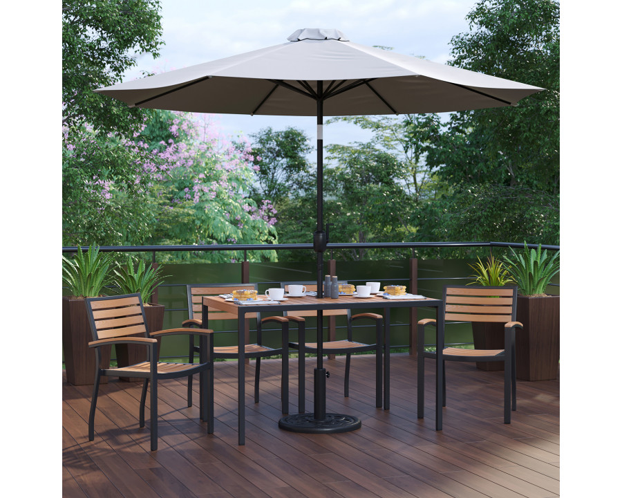 BLNK Lark Outdoor Patio Dining Table Set with 4 Synthetic Teak Stackable Chairs, 30" x 48" Table, Umbrella and Base