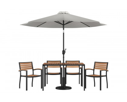 BLNK Lark Outdoor Patio Dining Table Set with 4 Synthetic Teak Stackable Chairs, 30" x 48" Table, Umbrella and Base