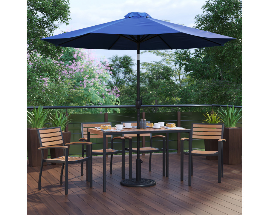 BLNK Lark Outdoor Patio Dining Table Set with 4 Synthetic Teak Stackable Chairs, 30" x 48" Table, Umbrella and Base - Navy