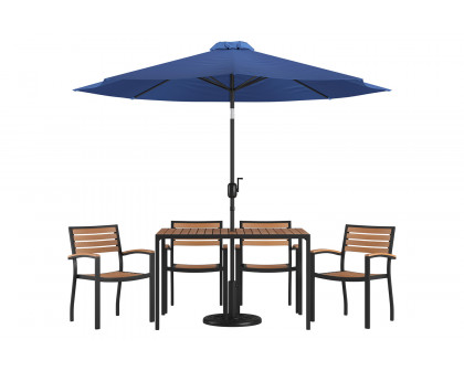 BLNK Lark Outdoor Patio Dining Table Set with 4 Synthetic Teak Stackable Chairs, 30" x 48" Table, Umbrella and Base - Navy