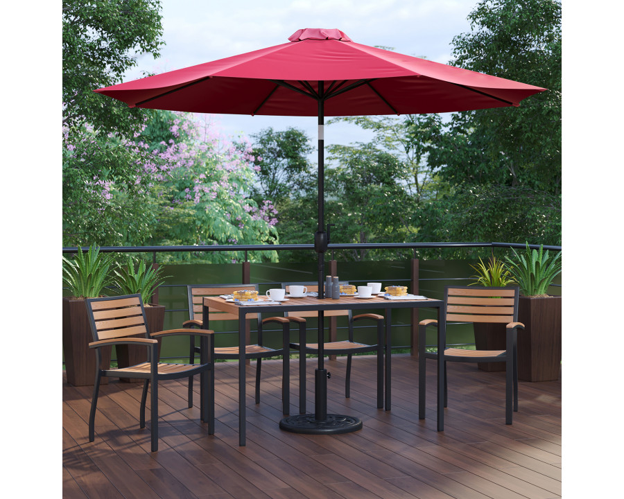 BLNK Lark Outdoor Patio Dining Table Set with 4 Synthetic Teak Stackable Chairs, 30" x 48" Table, Umbrella and Base - Red