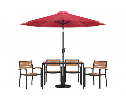 BLNK Lark Outdoor Patio Dining Table Set with 4 Synthetic Teak Stackable Chairs, 30" x 48" Table, Umbrella and Base - Red