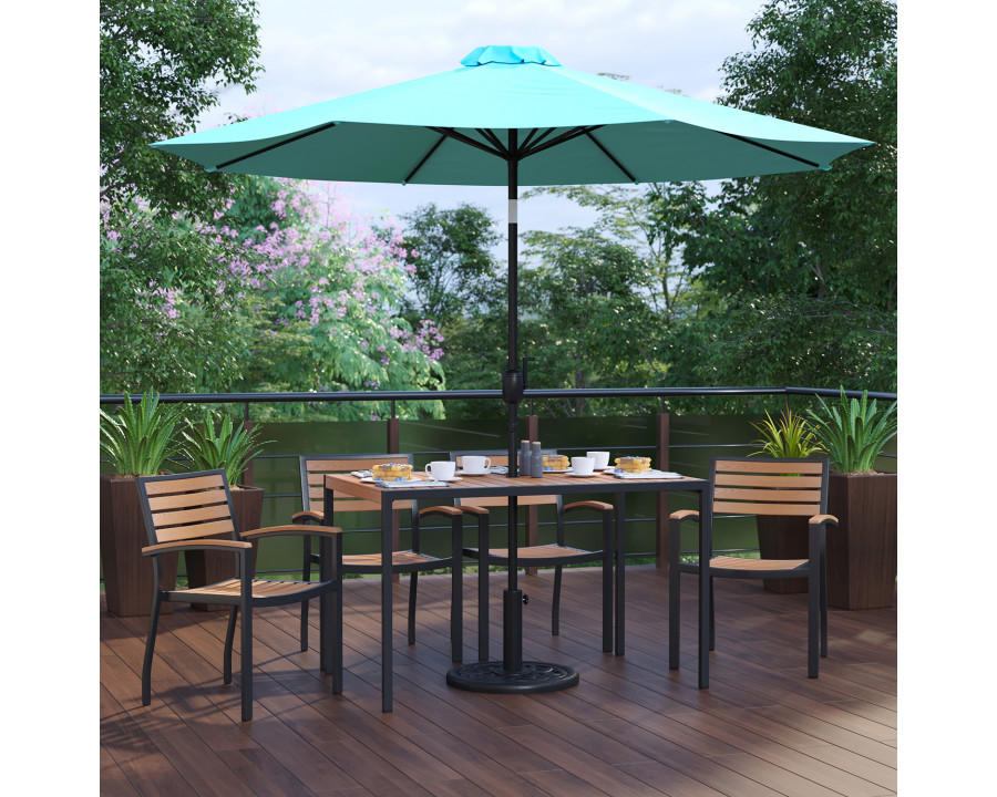 BLNK Lark Outdoor Patio Dining Table Set with 4 Synthetic Teak Stackable Chairs, 30" x 48" Table, Umbrella and Base - Teal