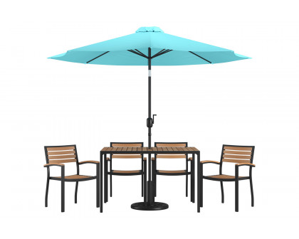 BLNK Lark Outdoor Patio Dining Table Set with 4 Synthetic Teak Stackable Chairs, 30" x 48" Table, Umbrella and Base - Teal