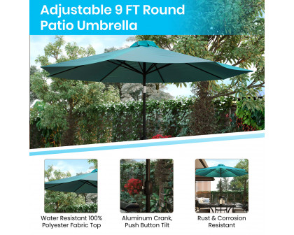 BLNK Lark Outdoor Patio Dining Table Set with 4 Synthetic Teak Stackable Chairs, 30" x 48" Table, Umbrella and Base - Teal