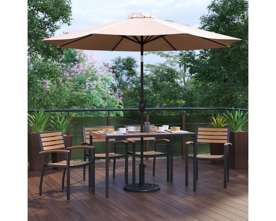 BLNK Lark Outdoor Patio Dining Table Set with 4 Synthetic Teak Stackable Chairs, 30" x 48" Table, Umbrella and Base - Tan