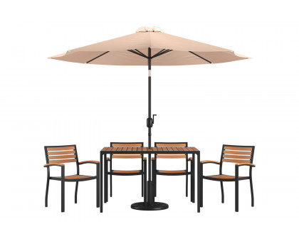 BLNK Lark Outdoor Patio Dining Table Set with 4 Synthetic Teak Stackable Chairs, 30" x 48" Table, Umbrella and Base - Tan