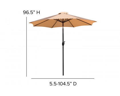 BLNK Lark Outdoor Patio Dining Table Set with 4 Synthetic Teak Stackable Chairs, 30" x 48" Table, Umbrella and Base - Tan