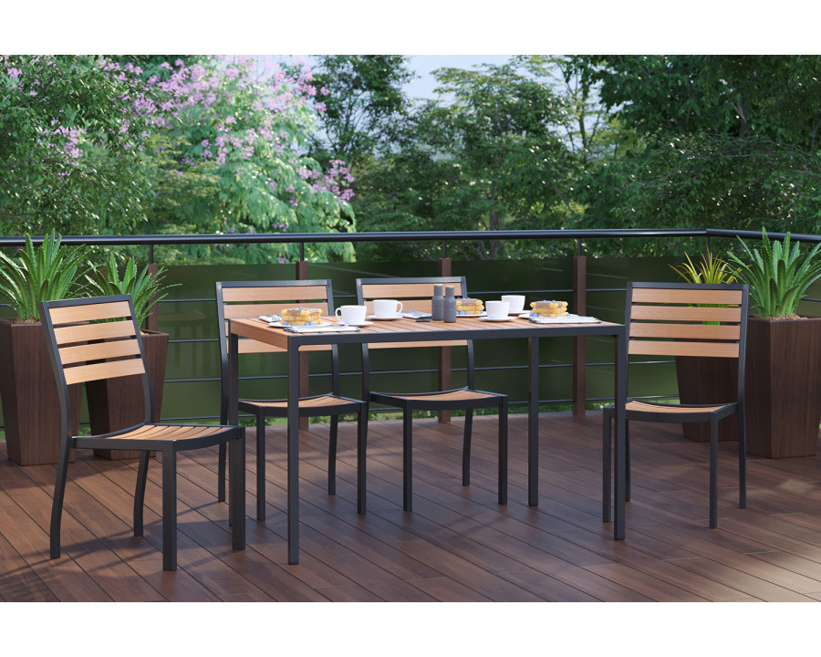 BLNK - Lark Patio Table Set with Synthetic Teak Poly Slats, 30" x 48" Steel Framed Table with 4 Stackable Faux Teak Chairs