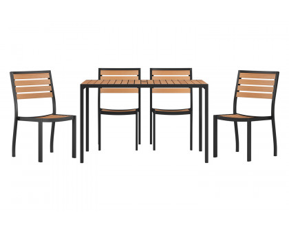 BLNK - Lark Patio Table Set with Synthetic Teak Poly Slats, 30" x 48" Steel Framed Table with 4 Stackable Faux Teak Chairs