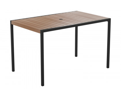 BLNK - Lark Patio Table Set with Synthetic Teak Poly Slats, 30" x 48" Steel Framed Table with 4 Stackable Faux Teak Chairs