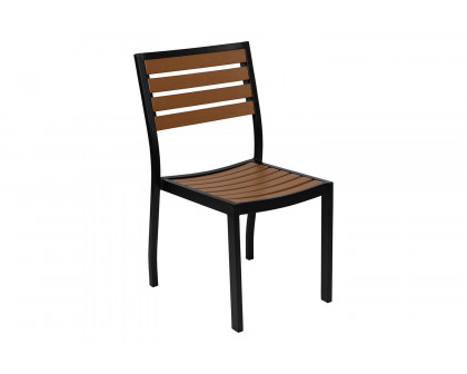 BLNK - Lark Patio Table Set with Synthetic Teak Poly Slats, 30" x 48" Steel Framed Table with 4 Stackable Faux Teak Chairs